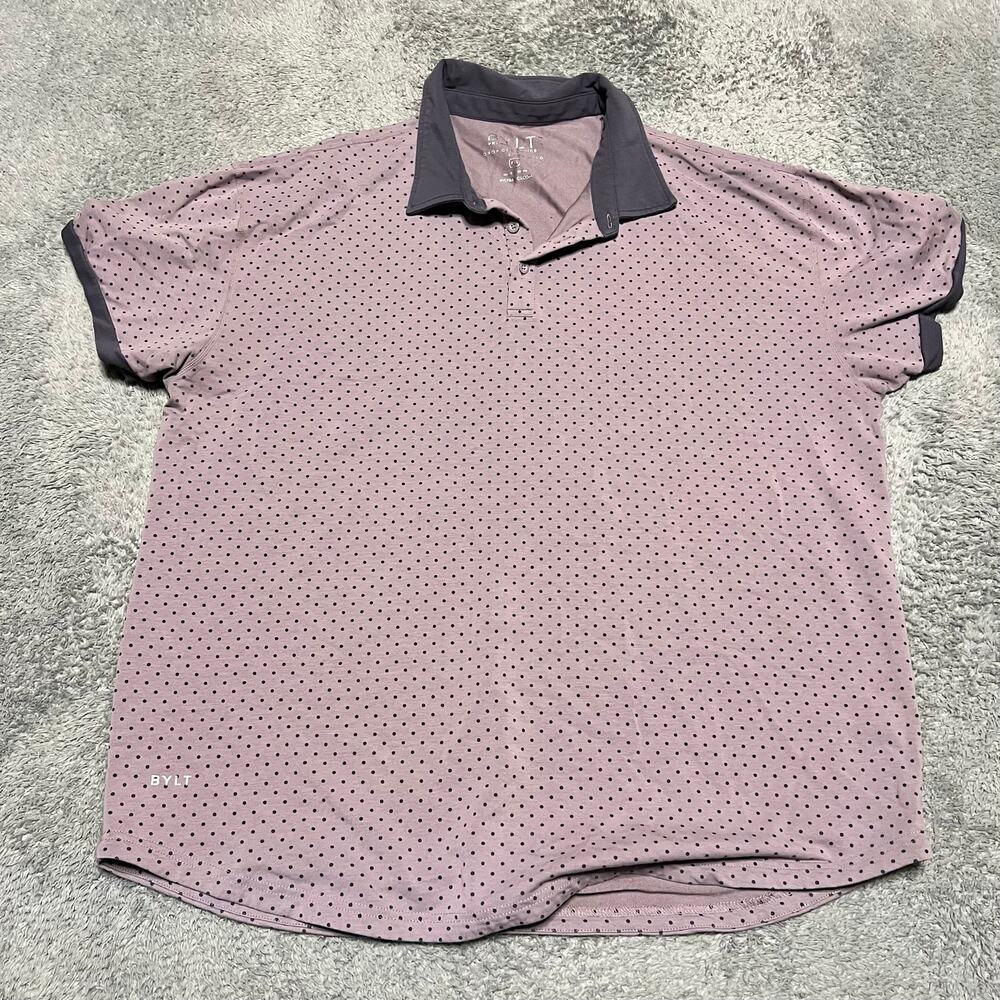 Bylt Polo Shirt Mens XXL Drop Cut Purple Dots All Over Print